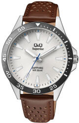 Q&Q férfi karóra, quartz, ezüst színű acél tok, ezüst színű számlap, barna színű bőrszíj, (Superior), zafír üveges, S08A-007PY (4096-7)