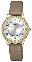 Q&Q női karóra, quartz, arany színű fémtok, világosbarna színű bőrszíj, ezüst színű számlap, Q04B-004PY (4072-5)