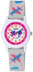 Q&Q gyerek karóra, fehér műanyag tok, szürke műanyag szíj, fehér figurás számlap, V22A-021VY (4207-5)