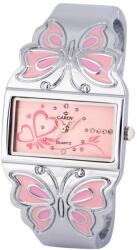 Cardy női ékszeróra, ezüst színű fémtok, pillangós díszítésű ezüst / rózsaszín színű fémcsat, rózsaszínű számlap, quartz szerkezet, cseppmentes vízállóság (2639-6)