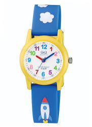 Q&Q analóg gyerek karóra, sárga műanyag tok, kék műanyag szíj, fehér számlap, ásványüveg, quartz szerkezet, 100 m (10 ATM) vízállóság - VR99J003 (4193-7)