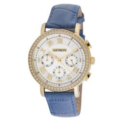ASTRON 5540-9 divatos női karóra, chronograph, arany színű nemesacél tok, kék bőrszíj, fehér számlap, keményített ásványüveg, quartz szerkezet, cseppmentes vízállóság (5540-9) - oranagykereskedes