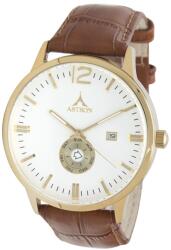 ASTRON 5554-8 elegáns férfi karóra, arany színű nemesacél tok, barna bőrszíj, fehér számlap, keményített ásványüveg, multifunkciós quartz szerkezet, 50 m (5 ATM) vízállóság (5554-8) - oranagykereskedes