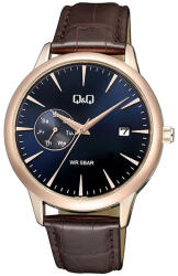 Q&Q férfi karóra, quartz, rózsaarany színű fémtok, barna színű bőrszíj, kék színű számlap, A12A-003PY (4208-8)