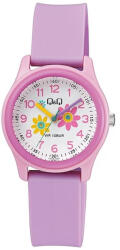 Q&Q gyerek karóra, quartz, rózsaszínű műanyag tok, fehér színű virágos számlap, lila színű műanyag szíj, VS59J004Y (4086-8)