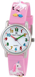 TIKO TIME karóra gyerekeknek, ezüst színű fémtok, quartz szerkezet, fehér arab színű számlap, 3D figurás lila műanyag szíj, cseppmentes vízállóság (unikornisos) (7472-6)