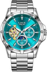 LIGE Ceas Barbati Lige 6825 Argintiu-Cyan , Ceas Mecanic, Design Business, Functii Multiple, AfiE aj Luminos, Rezistent la Apa 3ATM Ceas