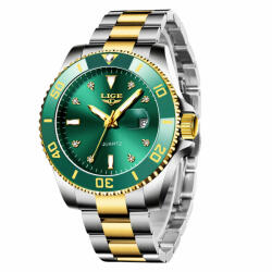 LIGE Ceas Barbati Lige 89151 Auriu-Verde , Design Business, Functii Multiple, Rezistent la socuri, Rezistent la Apa 3ATM Ceas