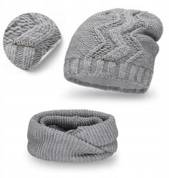 PaMaMi Téli szett, női sapka és kémény, világosszürke, polár bélés, 55-58cm fejméret (Uniwersalny Komplet 2w1 Jesienno-Zimowy)