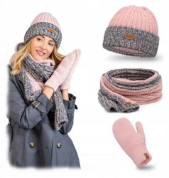 PaMaMi Téli szett, sapka, sál, kesztyű, rózsaszín, akril, poliamid (Zestaw 3w1 Ciepły na Jesień i Zimę Damskie)