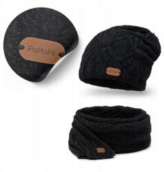 PaMaMi Sötétszürke Női Merinó gyapjú sapka és sál szett, 75% gyapjú, 25% poliamid (Klasyczny Zestaw Jesienno-Zimowy Czapka Szal)