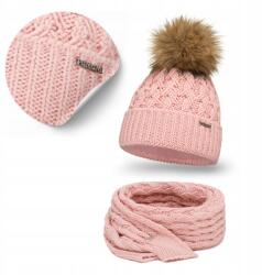 PaMaMi Téli Női Szett Rózsaszín Melegítő Sapka Pomponnal Hosszú Sál (Modny Zestaw 2w1 na Jesień i Zimę Damski)