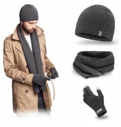 PaMaMi téli szett, férfi, sötétszürke, sál, sapka, kesztyű (Modny Zestaw 3w1 Męski na Jesień Zimę)