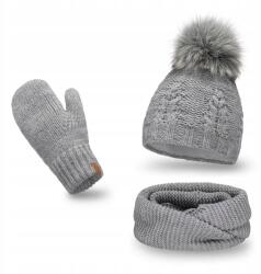 PaMaMi Női téli szett, sapka, kémény, kesztyű, szürke, polár bélés (Ciepła Czapka z Polarem i Pomponem Komin Zima)