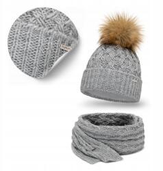 PaMaMi Női téli szett, sapka és sál, akril, polár bélés (Ciepły i Stylowy Szal Jesienny z Czapką Szary)