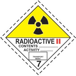 ADR 7B Osztály radioaktív anyagok Cat II. bárca, öntapadós matrica, 100x100mm - Karton (3000 db)