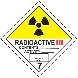 ADR 7C Osztály radioaktív anyagok Cat III. bárca, öntapadós matrica, 100x100mm - Tekercs (250 db)