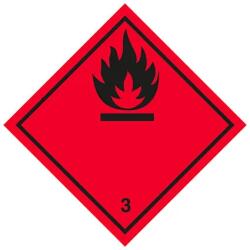 ADR 3. Osztály Gyúlékony Folyadékok Bárca, öntapadós matrica, papír, 100x100mm - Tekercs (500 db)