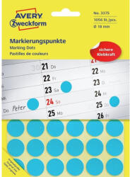 Avery Etikett címke, o18mm, jelölésre, 24 címke/ív, 44 ív/doboz, Avery kék (AV3375) - printsisters