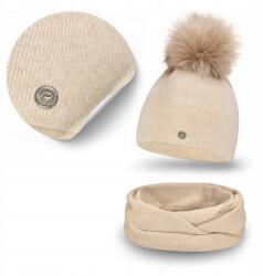 PaMaMi Női Téli Szett, sapka és kémény, bézs, pompon (Klasyczny Komplet Jesienno-Zimowy Modny)
