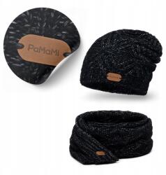 PaMaMi Női téli szett, merinó gyapjú sapka és sál, fekete (Czarny Komplet Jesienno-Zimowy Premium)