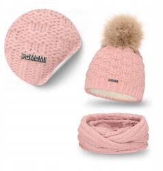 PaMaMi Női téli szett, rózsaszín, polár sapka, pompon, kémény (Modna Czapka z Pomponem w Kratę Pompon)