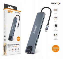 Aligator USB-C Hub, 8 az 1-ben, 4K, USB 3.2, SD/MicroSD, RJ45 (AHUB001)