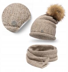 PaMaMi Téli szett, hupikék törpikék, gyapjú sapka, sál, bézs, PaMaMi (Modny Zestaw Damski Wełniany Klasyczny)