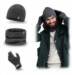 PaMaMi Téli szett, Férfi, sötétszürke, kémény, sapka, kesztyű, meleg (Zestaw 3w1 Męski Czapka Tuba Rękawice Zimowe)