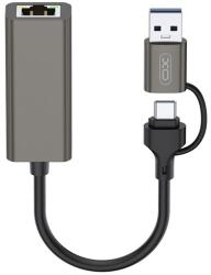 XO adapter kábel 2in1 (Ethernet aljzat - Type-C/USB, RJ45, 100MB/s, LAN, 10cm) SÖTÉTSZÜRKE (HUB018)