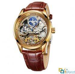 SKROX Ceas barbatesc SKROX golden, Skeleton, Moon Phase, mecanism automatic, curea din piele ecologica, stil Fashion, tourbillon (FSG53915391) Ceas