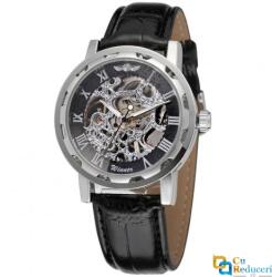 Forsining Ceas barbatesc Winner, schelet negru, curea din piele neagra, mecanism automatic-mecanic, stil Fashion + cutie cadou (WRG46674667) Ceas