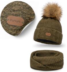 PaMaMi Téli Női Szett PaMaMi, zöld, merinó gyapjú, sapka, kémény (Czapka Khaki z Pomponem Zestaw z Kominem)