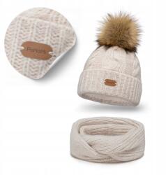 PaMaMi Téli Női Krém Sapka és Tekercses Merinó Gyapjú Kémény Szett, merinó gyapjú (Komplet Premium Zimowy Damski Wełna Merino)