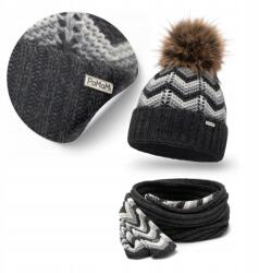 PaMaMi Grafit Női Téli Szett, sál, pomponos sapka, akril, poliamid (Ciepły Zestaw Zimowy Czapka z Szalikiem 2w1)