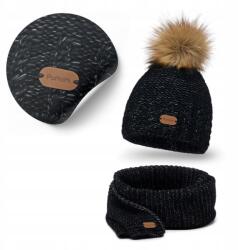 PaMaMi Téli szett, női, fekete, gyapjú, polár bélelt sapka, kémény (Czapka Wełniana z Pomponem Komin Ciepły)