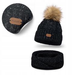 PaMaMi Fekete Téli Szett, Női, merinó gyapjú, pompon, kémény (Elegancka Czarna Czapka z Tubą Wełnianą)