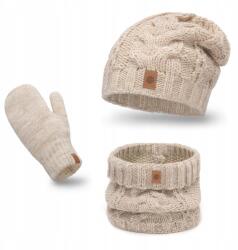 PaMaMi Női Téli Szett, 3 az 1-ben, hupikék törpikék, bézs, sapka, kesztyű, kémény (Zestaw Jesienno-Zimowy Klasyczny Modny)