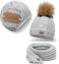 PaMaMi Szürke Téli Szett, gyapjú, meleg sapka és sál, pompon (Stylowy Zestaw Damski Wełna Merino Zimowy)
