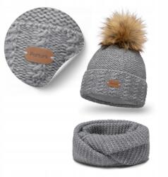 PaMaMi Téli szett, szürke, merinó gyapjú, polár bélés, Size 55-58cm sapka, kémény (Damski Elegancki Zestaw na Zimę Czapka Komin)