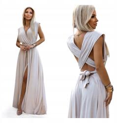 Numoco Női csillámos maxi ruha, bézs, nyakkivágással, megkötővel