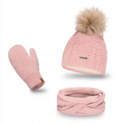 PaMaMi Téli szett, Női Rózsaszín, sapka, kémény, kesztyű (Stylowy Zestaw Jesienno-Zimowy Pudrowy Róż)