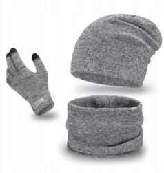 PaMaMi Téli szett, férfi, kémény sapka kesztyű, világosszürke, akril (Stylowy Zestaw 3w1 Tuba Czapka Rękawice)