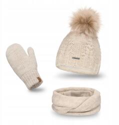 PaMaMi Téli szett, női, bézs, sapka, kémény, kesztyű, polár bélés (Uniwersalny Zestaw Jesienno-Zimowy Ciepły)