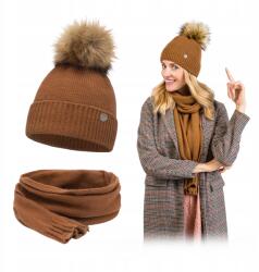 PaMaMi Téli szett Női Karamell, pompon sapka, sál, akril, poliamid (Uniwersalny Zestaw Ciepły Jesienno-Zimowy)
