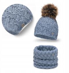 PaMaMi Téli szett Női Pompon Sapka Meleg Kémény Kék Gyapjú, 55-58cm fejméret (Stylowy Zestaw Jesienno-Zimowy 2w1)