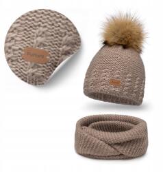 PaMaMi téli szett, barna merinó gyapjú sapka, pomponnal, kéménnyel (Stylowa Czapka z Ociepleniem Polarem Tuba)