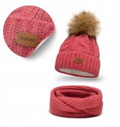 PaMaMi Téli szett, merinó gyapjú sapka, kémény, korall, 55-58cm fejméret (Ocieplana Polerem Czapka z Pomponem Komin)