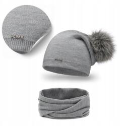 PaMaMi Téli szett, Női Szürke Sapka, Kémény, 55-58cm fejméret (Zestaw Uniwersalny na Jesień i Zimę 2w1)