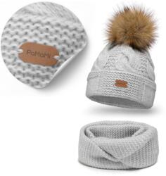 PaMaMi Téli Női Szett, szürke sapka, polár bélés, kémény, merinó gyapjú (Stylowa Ciepła Czapka w Komplecie Komin)
